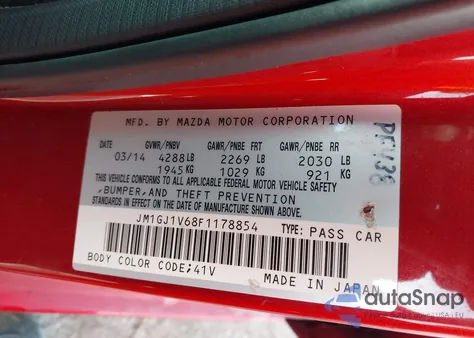 2015 Mazda Mazda6 I Touring z USA, uszkodzony, nr VIN JM1GJ1V68F1178854